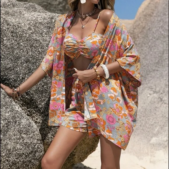 Boho Bohemian Tropical Paisley Floral Print Cami bra Top Kimono Shorts Set - Picture 2 of 4